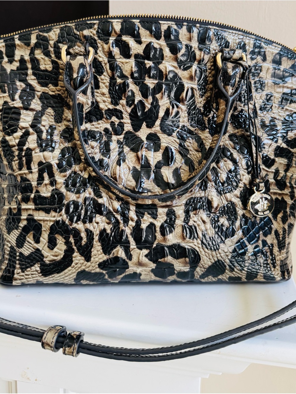 Brahmin Leopard-Print Satchel in Black and Cream - Picture 3 of 7